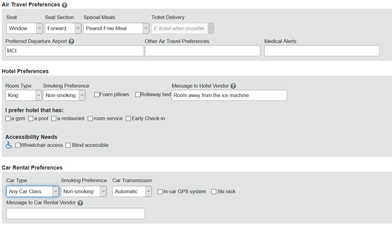 Screenshot of Step Nine: Air, Hotel, and Car Rental Preferences section