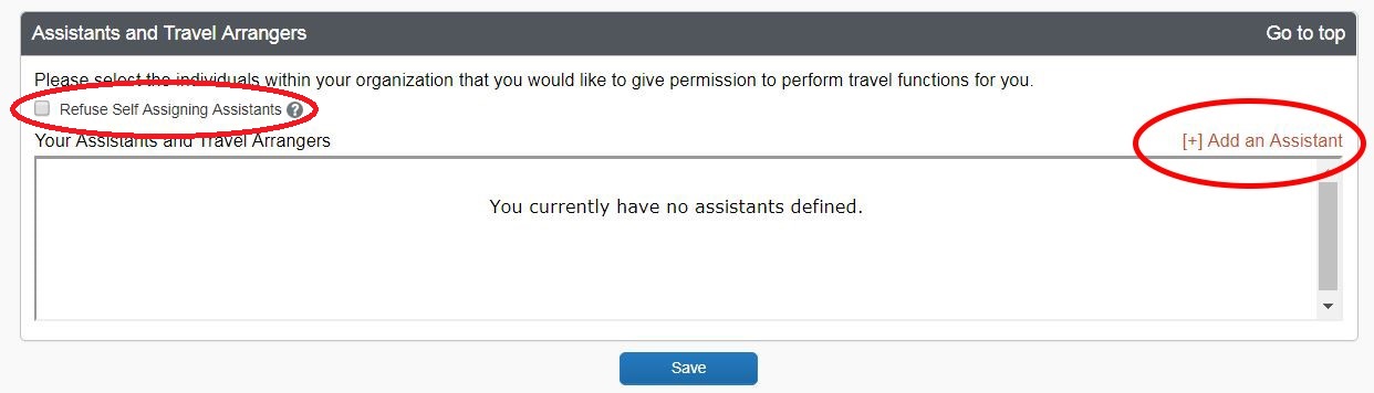 Screenshot of Step Two: Adding Assistants & Travel Arrangers