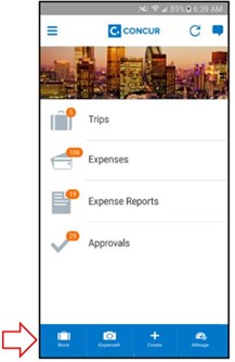 Screenshot of Concur Mobile home page
