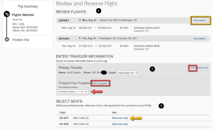 Screenshot of Step Four: Review and Reserve Flight page