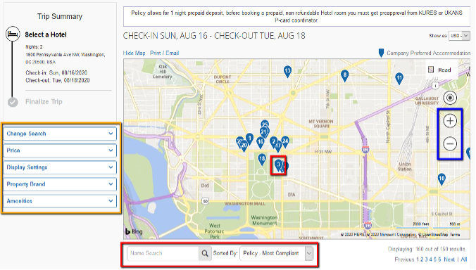 Screenshot of Step Two: Hotel Search results map
