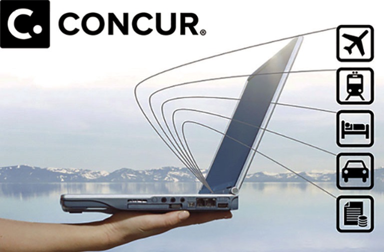 Hand holding a laptop with Concur Travel icons