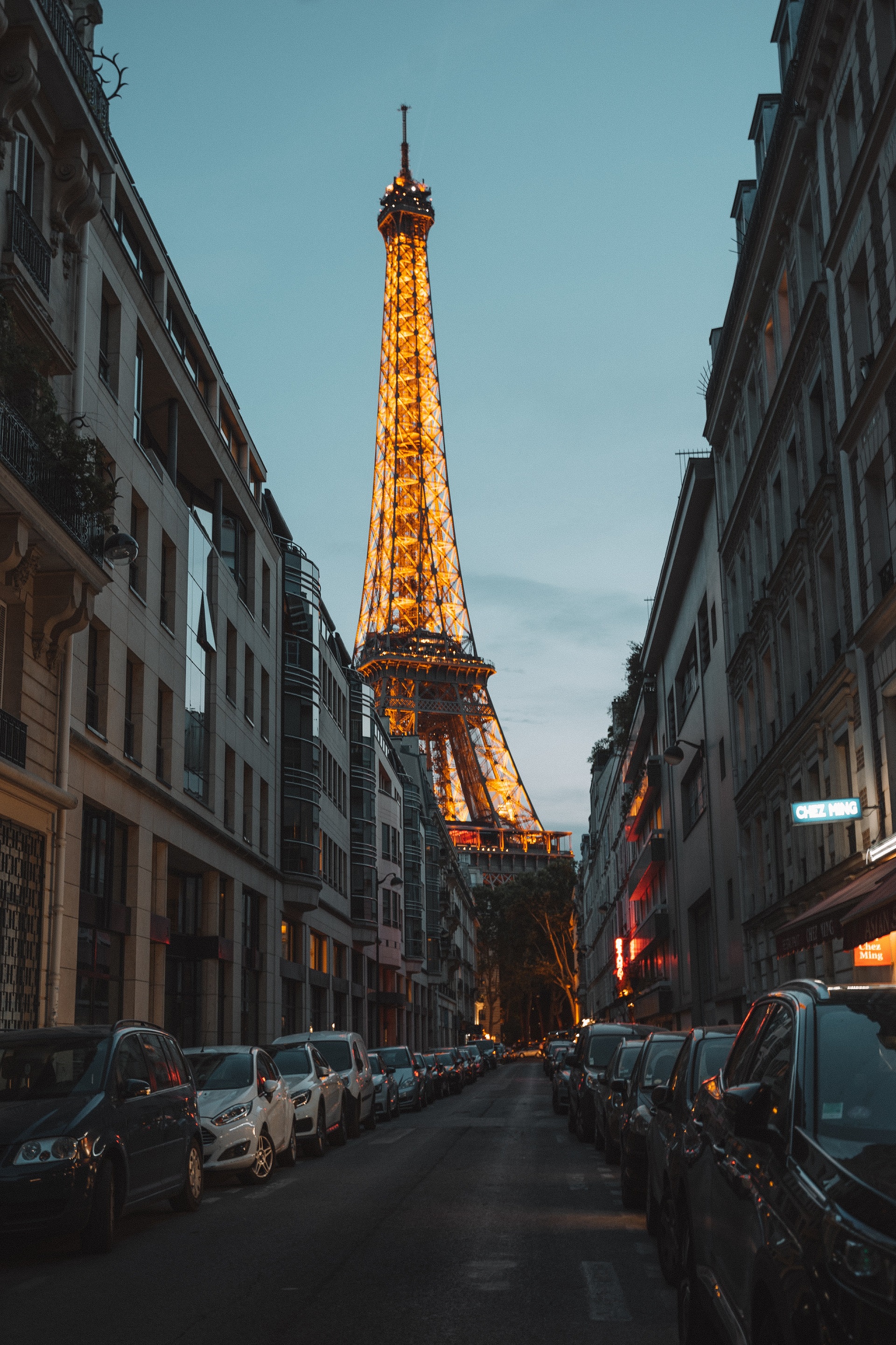 Eiffel Tower from a Paris street