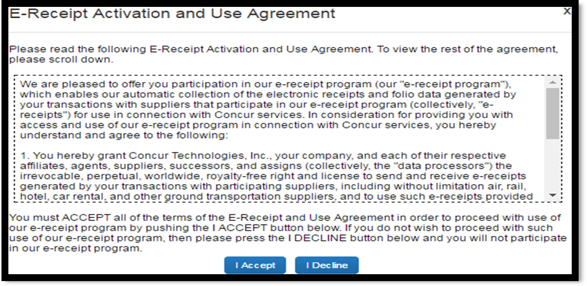 Screenshot of Step Two: E-Receipt Activation and Use Agreement message