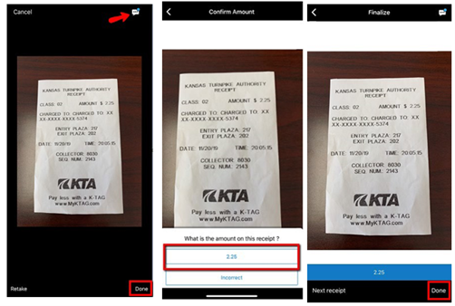 Screenshot of using ExpenseIt to send a receipt image to Concur