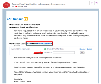 Screenshot of Step Three: Concur Verification Code email