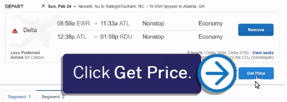 Screenshot of Step Four: Select Get Price to choose new flight