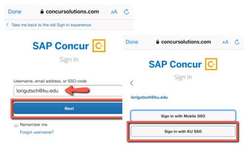 Screenshot of Sign in to the Concur Mobile App