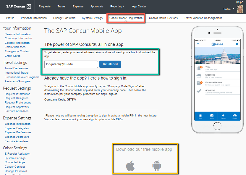 Screenshot of SAP Concur Mobile App page