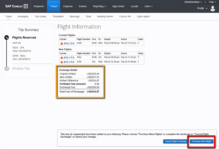 Screenshot of Step Five: Purchase New Flights button