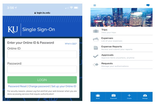 Screenshot of KU Single Sign-on and Concur Mobile home screen