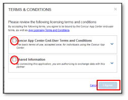 Screenshot of Step Three: Concur App Center End-User agreement