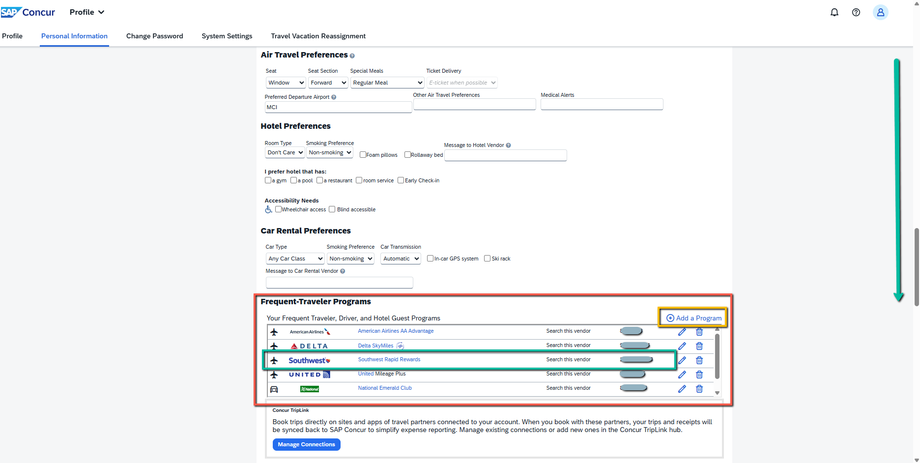 Image of Concur Profile Frequent-Traveler Programs section