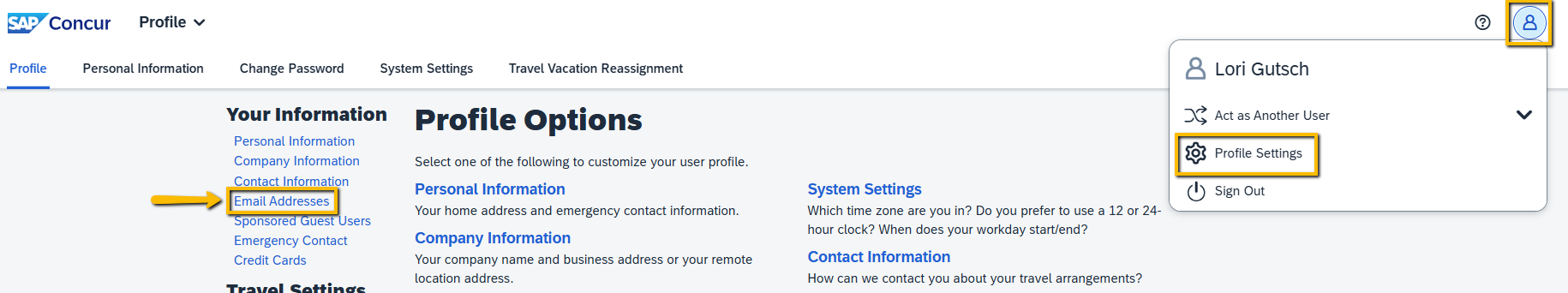 Image of how to get to Email Addresses on the Concur Profile Options Page