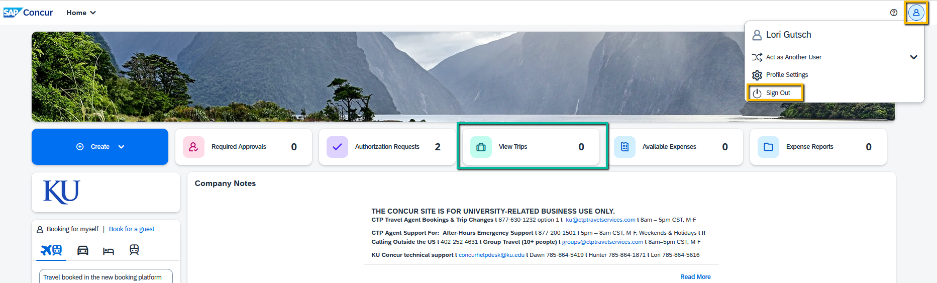 Image of View Trips and Sign Out of Concur