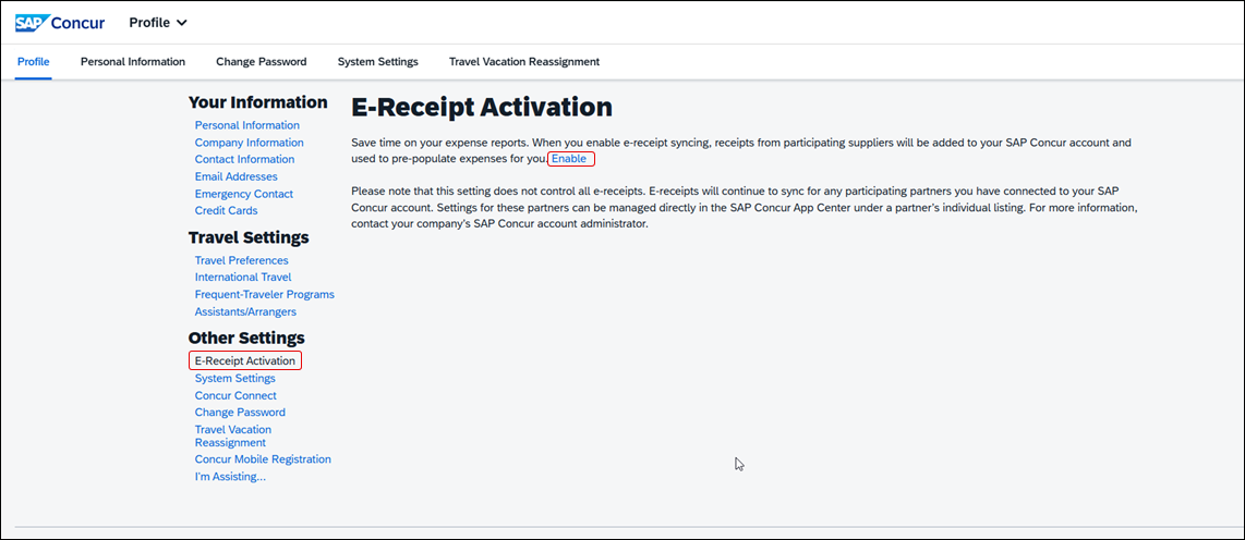 E-Receipt Activation screen