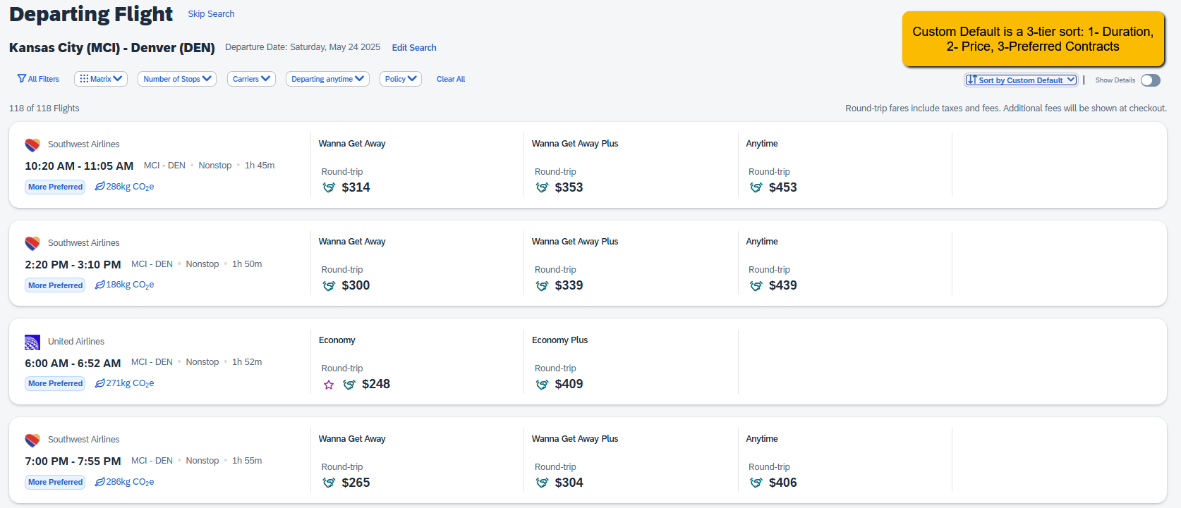 Image of Flight options sorted by Custom Default