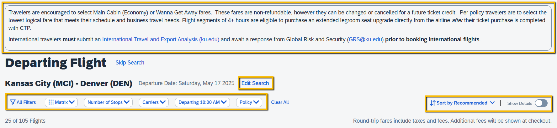 Image of Flight info, edit, filter, and sort options