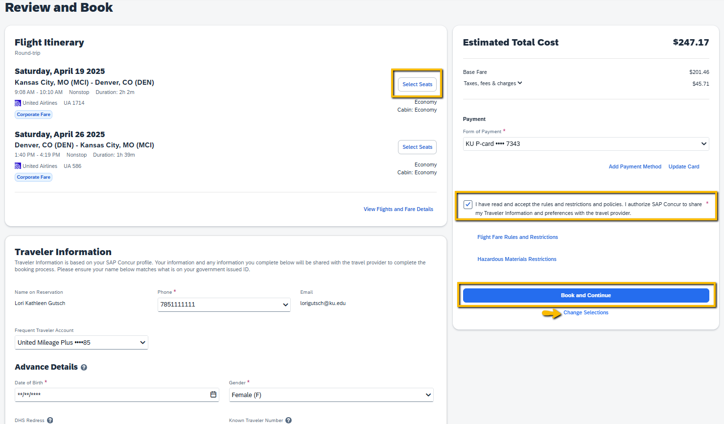 Image of flight Book and Continue page