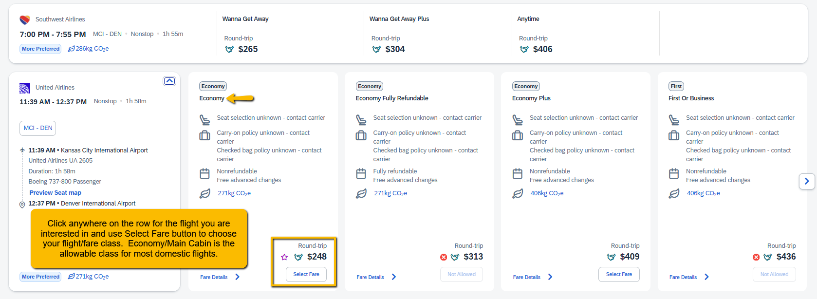 Image of flight option selection