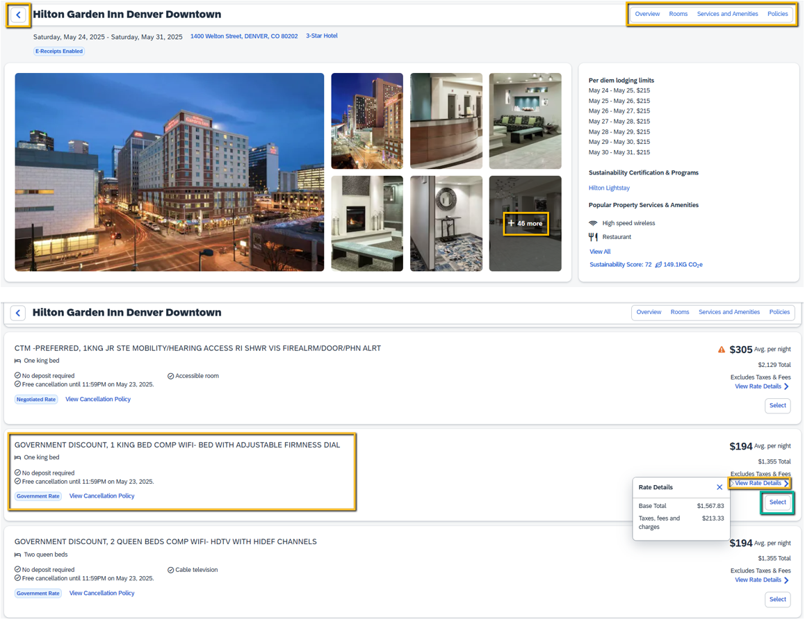 Image of Hotel Information and Room Option Selection