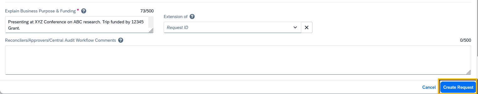 Explain Business Purpose & Funding fields and Create Request button