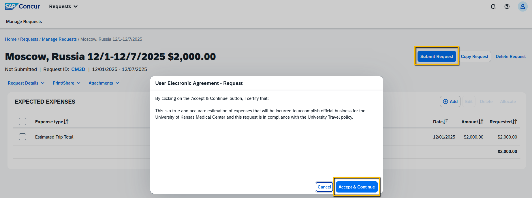 Submit Request and Accept buttons