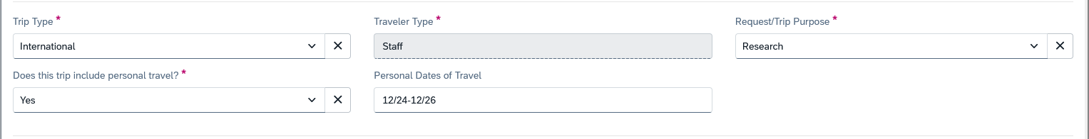 Trip Type, Purpose, Personal Dates fields