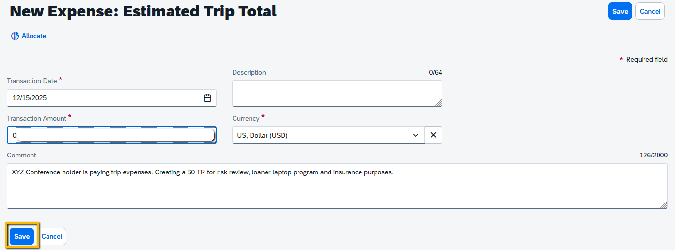 Zero Dollar TR example