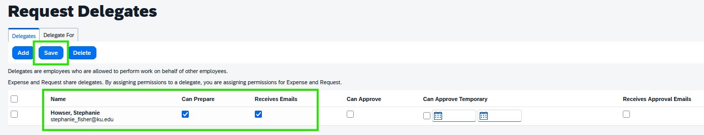 Concur Request Delegate Set Up