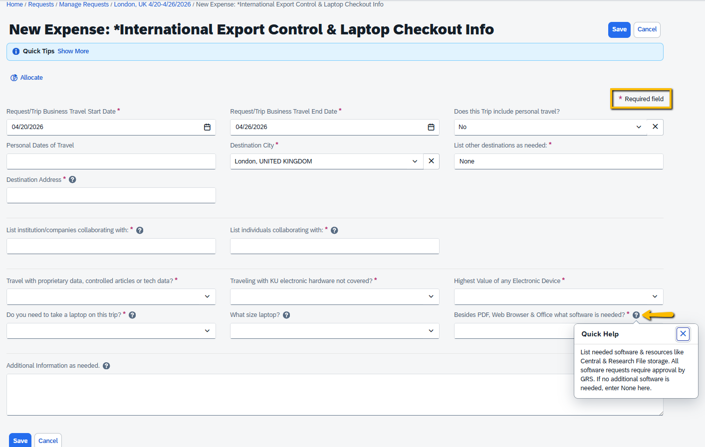 Image of what the International Export Control & Laptop Checkout Info form looks like