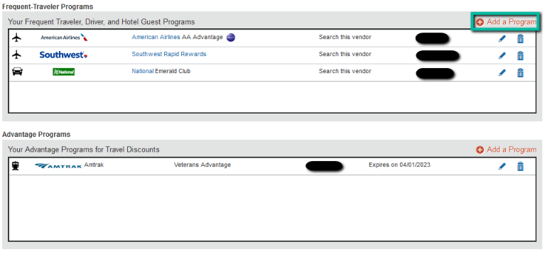 Screenshot of Step Nine: Frequent Traveler Programs section