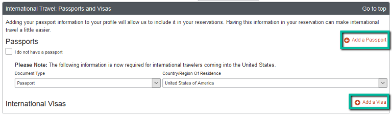 Screenshot of Step Ten: International Travel-Passport and Visa section