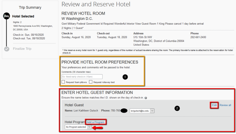 Screenshot of Step Four: Review and Reserve Hotel page