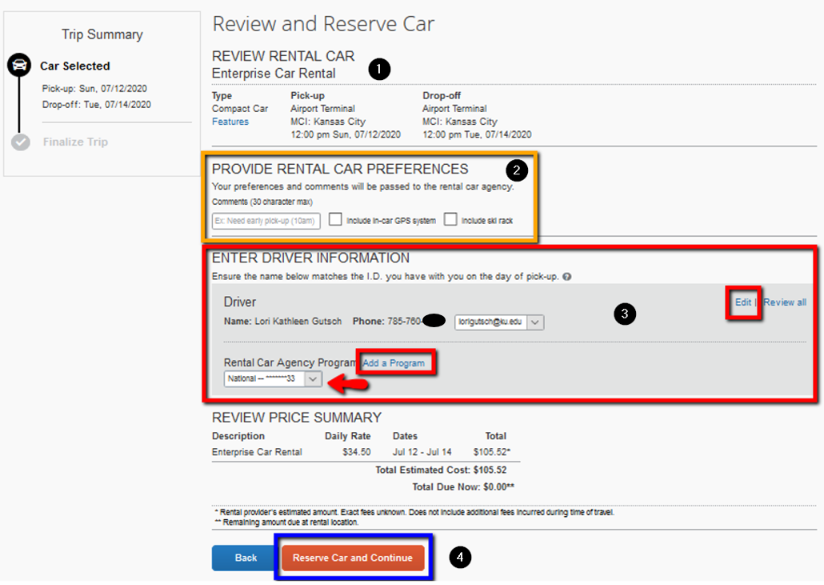 Screenshot of Step Three: Review and Reserve Car page