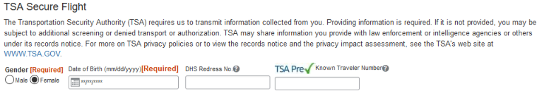 Screenshot of Step Nine: TSA Secure Flight Information section