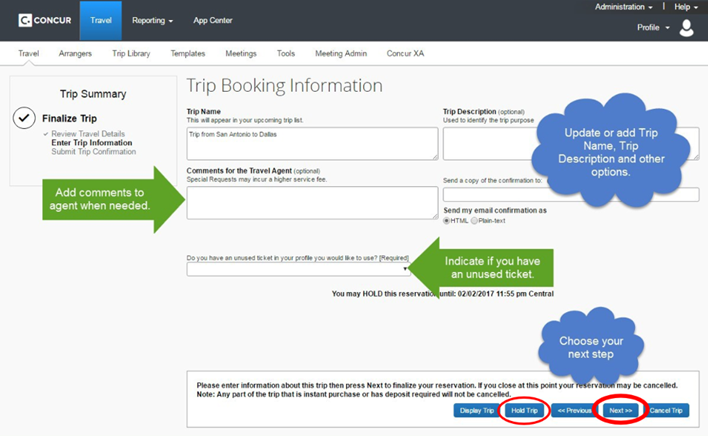 Screenshot of Step Six: Trip Booking Information page