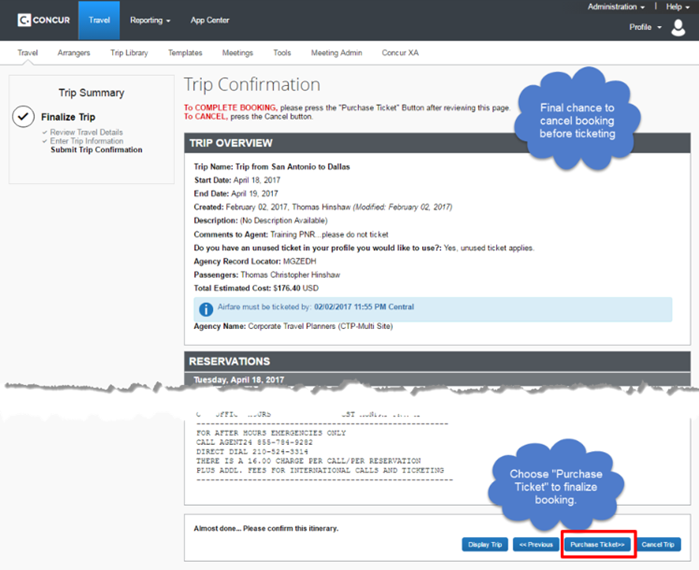 Screenshot of Step Seven: Trip Conformation page