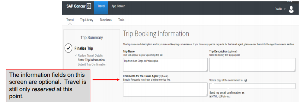 Screenshot of Step Four: Trip Booking Information