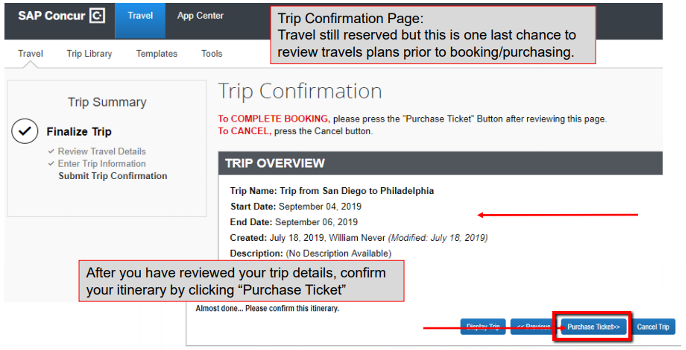 Screenshot of Step Five: Trip Confirmation page