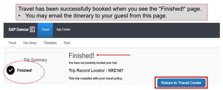 Screenshot of Step Six: Select 'Return to Travel Center' button
