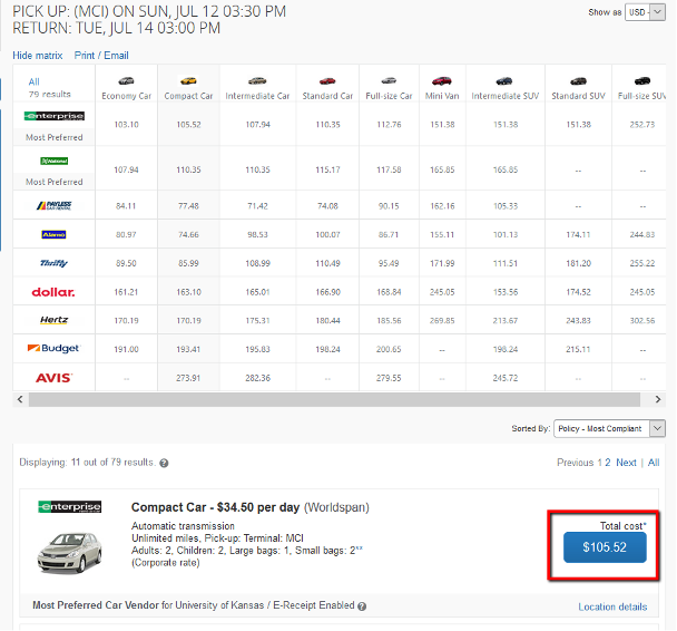 Screenshot of Step Two: Rental Car Search Results