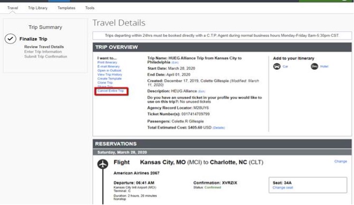 Screenshot of Step Two: Cancel Entire Trip from Trip Details page