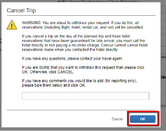 Screenshot of Step Three: Trip Cancellation warning message