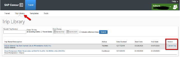 Screenshot of Step Six: Cancel Trip from Trip Library