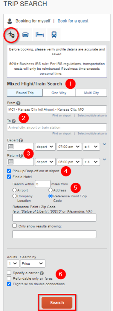 Screenshot of Step One: Trip Search criteria