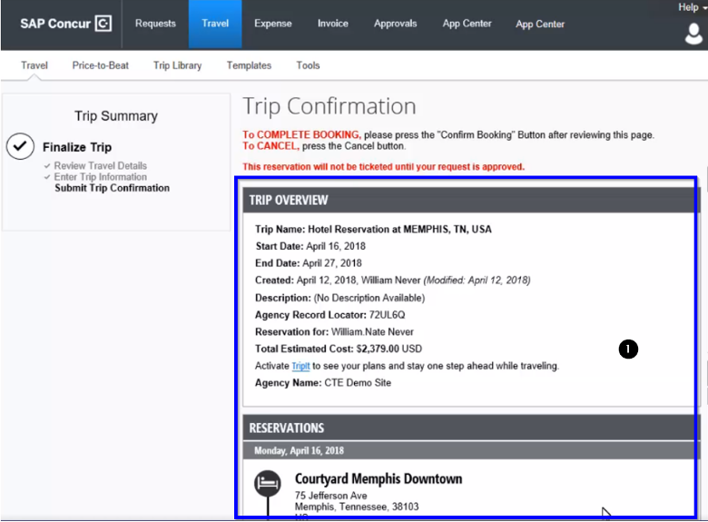 Screenshot of Step Seven: Trip Confirmation page