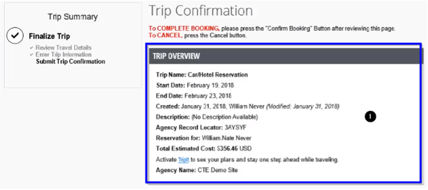 Screenshot of Step Six: Trip Confirmation